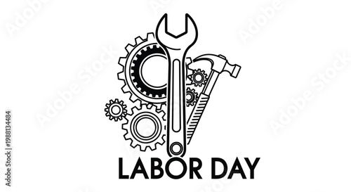 Labor Day vector illustration with industrial tools, black and white line art of wrench and hammer with gears, mechanical repair and construction concept