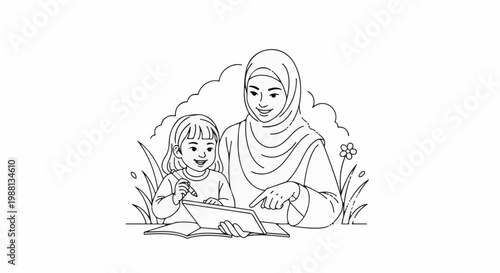 Woman in hijab and girl learning together with book and pen outdoors
