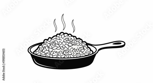 Steaming beans in a skillet, black and white illustration