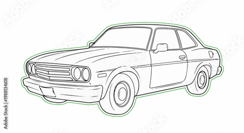Vintage coupe automobile illustration with clean lines and light green outline