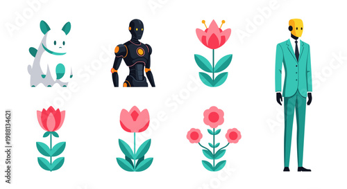 cartoon characters and colorful tulip flowers