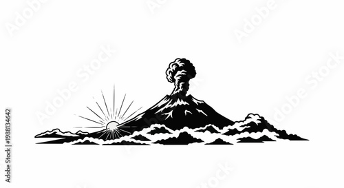 Stylized eruption of a volcano at sunrise with rays of light