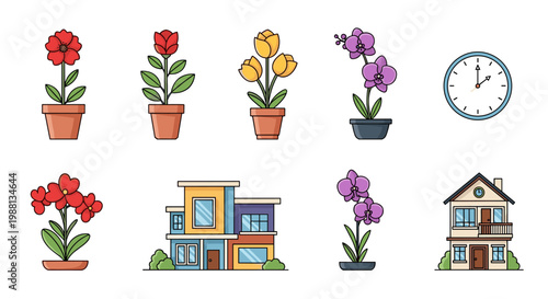 colorful cartoon flowers and houses with clock