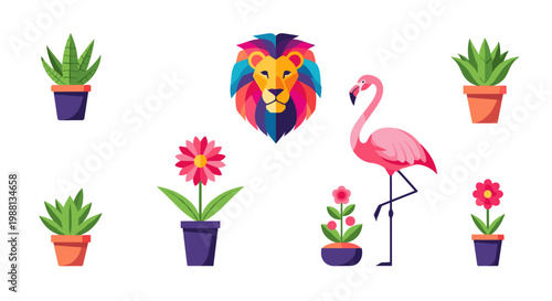 Vibrant illustration of lion, flamingo, succulents and flowers