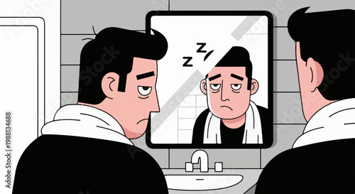 Tired man with droopy eyes in bathroom looks in mirror