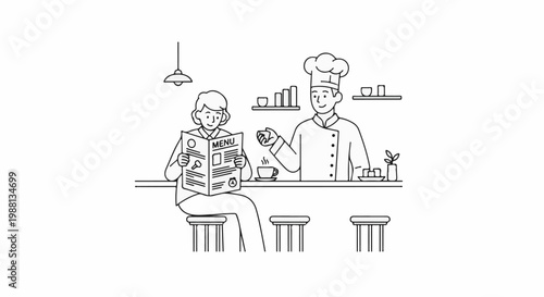 A diner reads a menu at a counter as a chef looks on