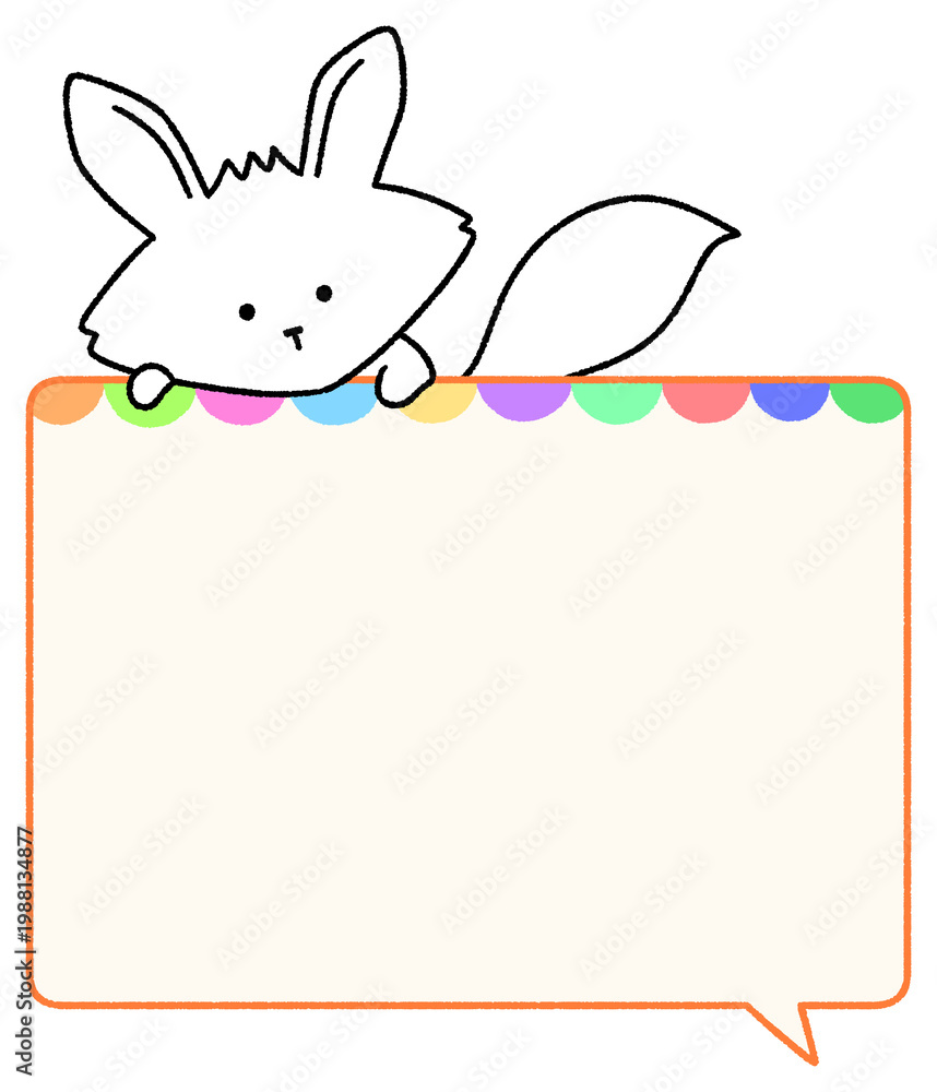 Obraz premium Cute white fox peeking over a colorful rainbow speech bubble frame
