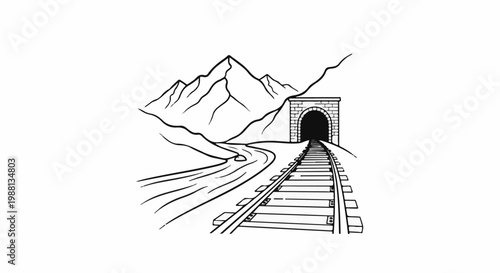 Train tracks lead into a dark tunnel at the base of majestic mountains