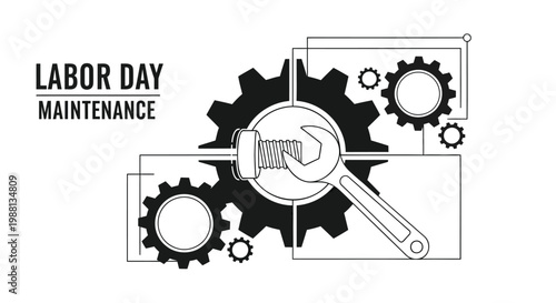 Labor Day maintenance, gear icons, wrench symbol, industrial tools, black and white vector graphics