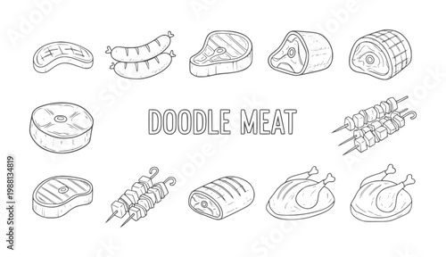 Hand drawn collection of various meat products and poultry food doodle steak sausage