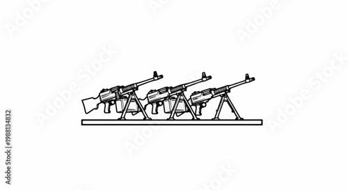 Three automatic weapons on bipods arranged in a line