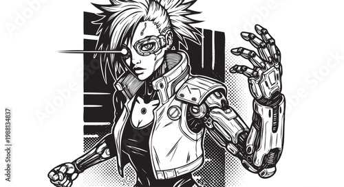 Cyborg woman with robotic limbs and futuristic glasses