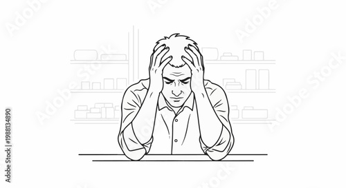 A man sits at a table with his head in his hands, looking distressed