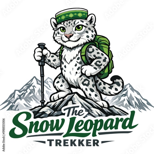Snow leopard trekker emblem with alpine mountains, icy trail, and rugged explorer pose, celebrating winter seasonal adventure, wildlife conservation, premium branding vector badge
