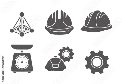 Industrial including hard hats gears scale and abstract network hardhat