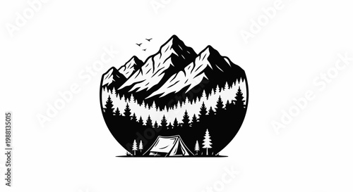 Silhouette of mountains, pine forest, and a tent under birds