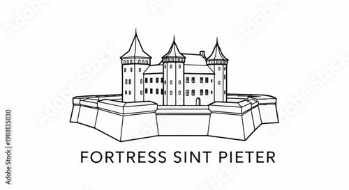 An intricate black and white outline drawing of a historic fortress with multiple towers