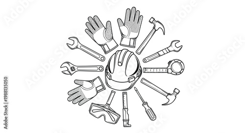 Construction tools, hard hat, gloves, and equipment, industrial icons, vector set