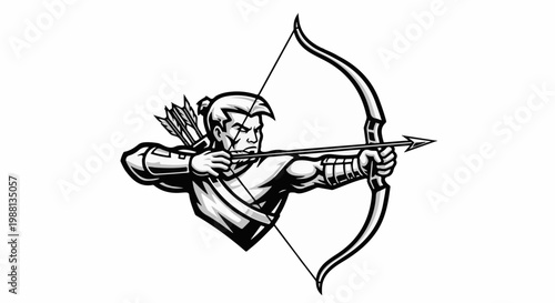 Black and white illustration of a determined archer drawing a bow, focused on target