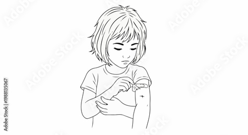 Child carefully applies a bandage to their arm