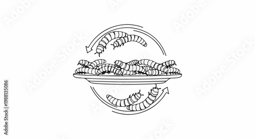 Circular arrows show caterpillars moving onto and off a plate of more caterpillars