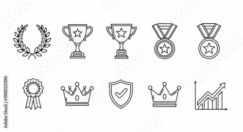 Collection of award icons including trophies, medals, crowns, and laurel wreath