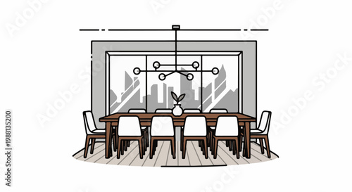 Modern dining room with large window view of cityscape and chandelier