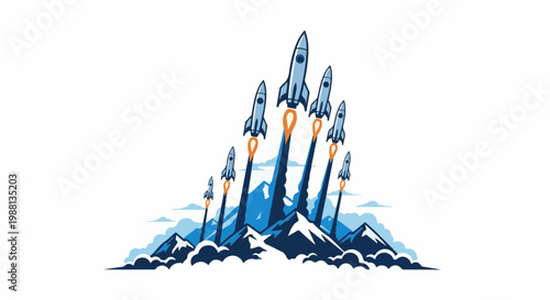 Multiple rockets ascend from snowy mountains into the sky