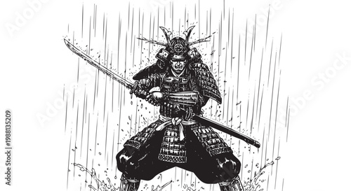 Samurai Warrior in Rain Battle Stance