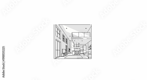 Open-concept loft interior with mezzanine, modern furniture, and large windows