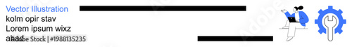 Business management, workflow optimization, automation tools, problem-solving, technical processes, efficiency enhancement. Gear symbol paired with a person addressing a task. Business management