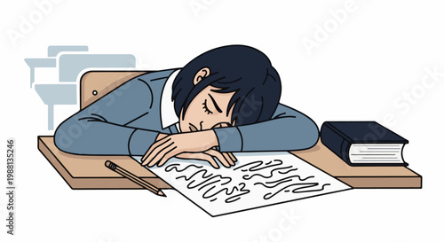 Overwhelmed student falls asleep at desk with open book and scribbled paper