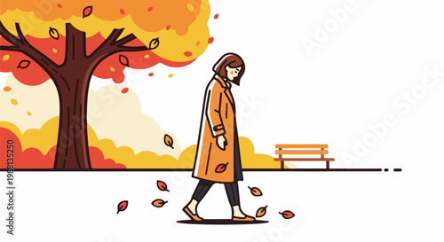 Person in autumn coat walks through fallen leaves near park bench