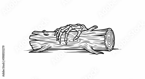 Skeleton hand emerging from a rough-hewn log, in black and white