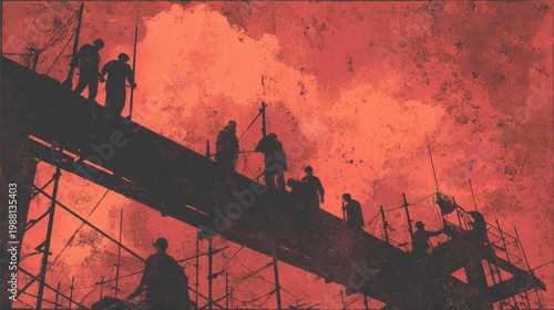 Early Soviet propaganda illustration depicting industrial workers constructing steel structures at a construction site with a dynamic diagonal composition and strong contrast shadows