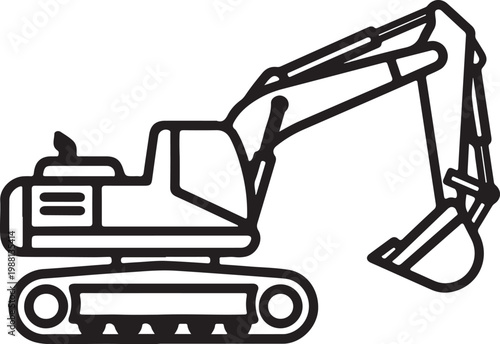 Minimal construction excavator icon, side view, bold black lines, flat vector style