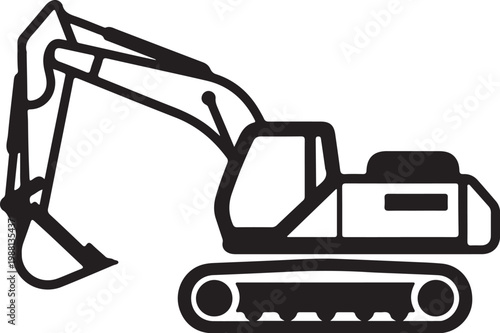 Minimal construction excavator icon, side view, bold black lines, flat vector style