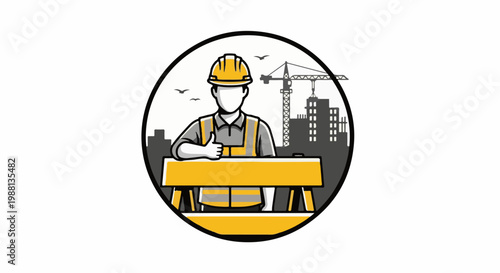Worker with thumbs up at construction site with cranes and buildings