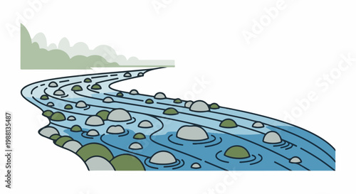 Winding blue river with scattered rocks and distant green hills