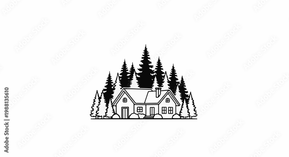 Obraz premium A minimalist illustration of a cozy house nestled among tall pine trees