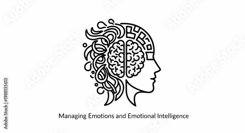 Stylized human head profile with brain and abstract elements