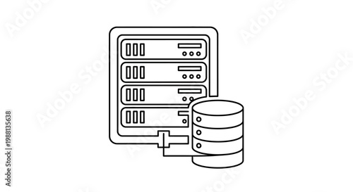 Line art icon of a server rack and a database cylinder for data storage