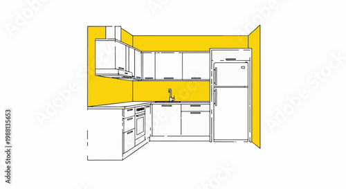 A minimalist line drawing of a modern, compact kitchen with yellow accents