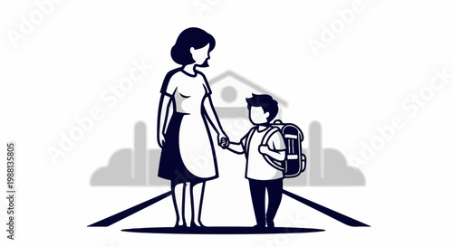 A woman and child, holding hands, walk towards a school building