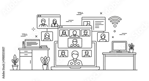 People connecting online through video conference calls for remote work.