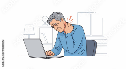Older man experiencing neck pain while working on laptop
