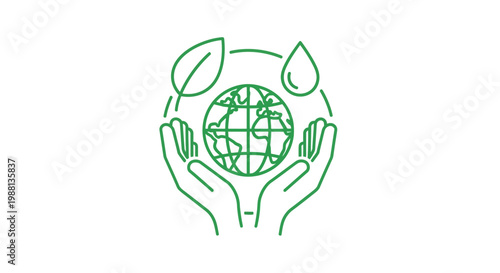 Hands holding planet Earth with leaf and water drop, concept of environmental care.