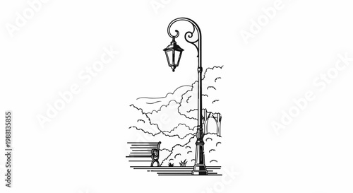 Ornate lamp post illuminates a park scene with bench and foliage