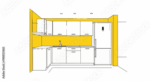 Minimalist kitchen drawing with bright yellow wall and white cabinets