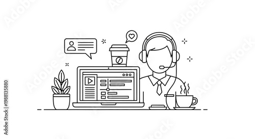 Customer Support Agent Providing Online Assistance with Laptop and Headset